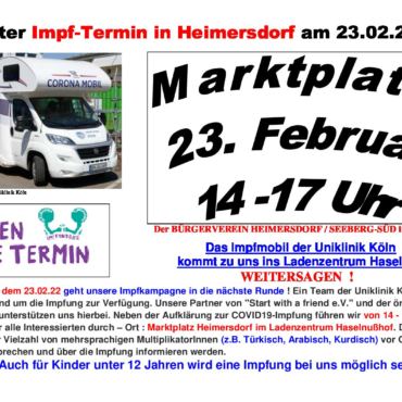 Nächster Impftermin am 23.02.2022 auf dem Marktplatz Heimersdorf
