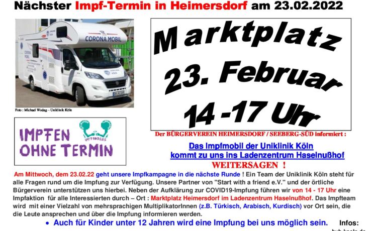 Nächster Impftermin am 23.02.2022 auf dem Marktplatz Heimersdorf